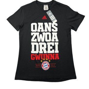 Adidas FC Bayern München T Shirt Women L Oans zwoa drei gwunna Soccer Futbol NEW